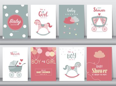 Dizi baby shower davetiye, Doğum günü kartları, poster, şablon, tebrik kartları, Sevimli, kawaii, sallanan at, vektör çizimler 