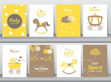 Dizi baby shower davetiye, Doğum günü kartları, poster, şablon, tebrik kartları, Sevimli, kawaii, sallanan at, vektör çizimler 