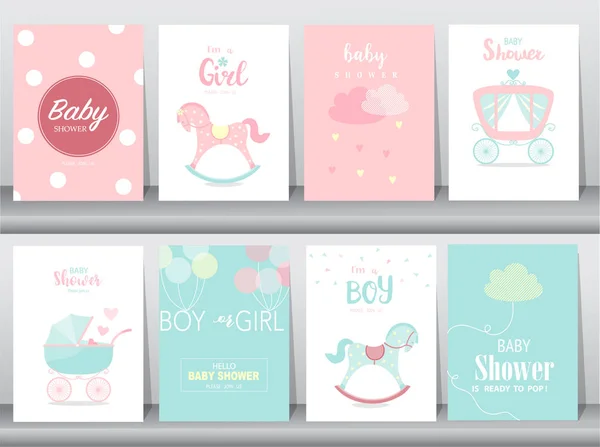 Dizi baby shower davetiye, Doğum günü kartları, poster, şablon, tebrik kartları, Sevimli, kawaii, sallanan at, vektör çizimler 