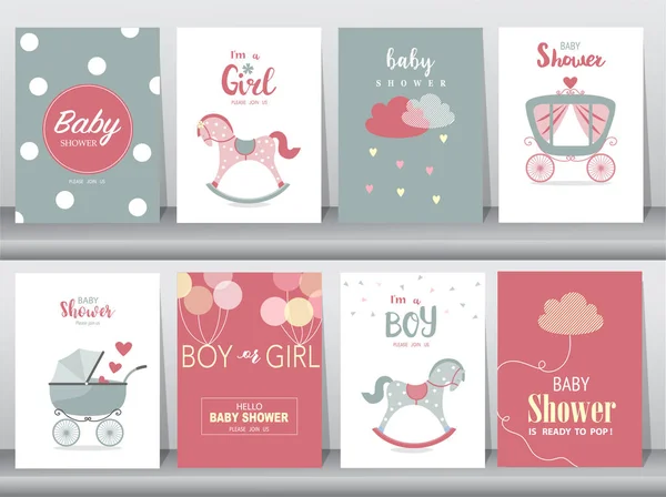 Dizi baby shower davetiye, Doğum günü kartları, poster, şablon, tebrik kartları, Sevimli, kawaii, sallanan at, vektör çizimler 