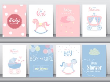Dizi baby shower davetiye, Doğum günü, poster, şablon, tebrik, şirin, sallanan at, vektör çizimler 