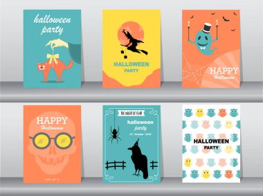 Dizi Cadılar Bayramı tebrik kartları, poster, şablon, kart, cadı, hayalet, vektör çizim.