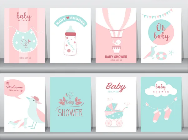 Aantal Baby Shower Uitnodigingen Kaarten Poster Groet Sjabloon Dieren Cute — Stockvector