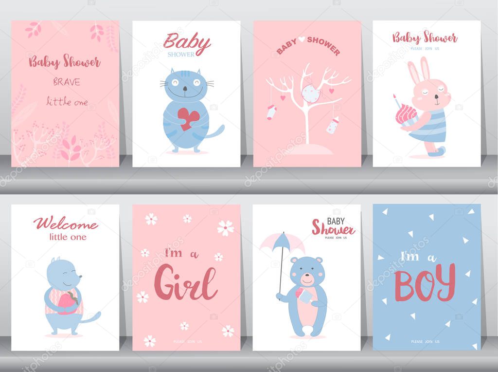 Set of baby shower invitations cards,poster,greeting,template,animal,cute,cat,rabbit,bear,Vector illustrations