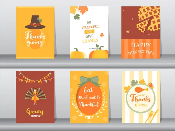 Zestaw Happy Thanksgiving Day Karty Plakat Projekt Szablonu Pozdrowienie Zwierząt — Wektor stockowy