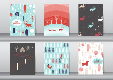 Ayarla şirin Noeller sevimli hayvan ve Noel ağacı, tatil sembolleri ile çok güzel çizgi film arka plan arka plan, vektör çizimler