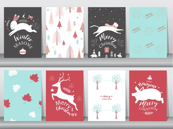 集可爱的快乐圣诞背景与可爱的动物和圣诞树 可爱的卡通背景与节日符号 矢量插图 — 图库矢量图片