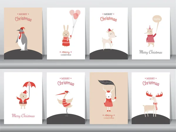 集可爱的快乐圣诞背景与可爱的动物和圣诞树 可爱的卡通背景与节日符号 矢量插图 — 图库矢量图片