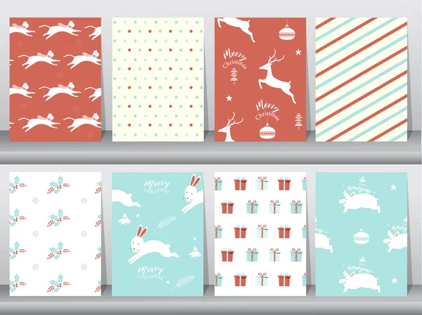 Conjunto de fundo Feliz Natal bonito com animal bonito e árvore de Natal, fundo bonito desenho animado com símbolos de férias, ilustração vetorial —  Vetores de Stock