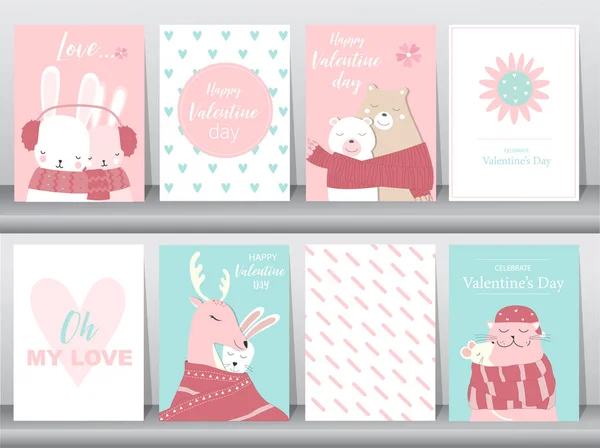 Jeu Carte Saint Valentin Sur Motif Rétro Design Amour Animal — Image vectorielle