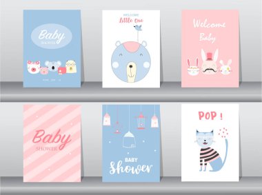 Dizi baby shower davetiye, Doğum günü, poster, şablon, tebrik, şirin, hayvan, vektör çizimler 