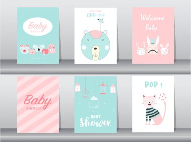 Dizi baby shower davetiye, Doğum günü, poster, şablon, tebrik, şirin, hayvan, vektör çizimler 