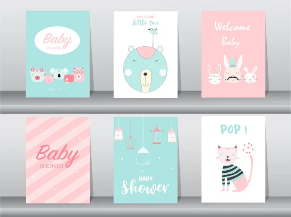 Aantal Baby Shower Uitnodigingskaarten Verjaardag Poster Sjabloon Groeten Cute Dieren — Stockvector