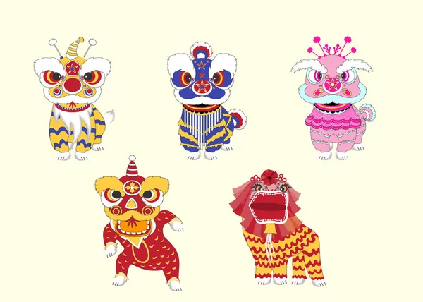 Набор Китайский Танец Льва Китайский Новый 2019 Год Ремесленный Стиль — стоковый вектор
