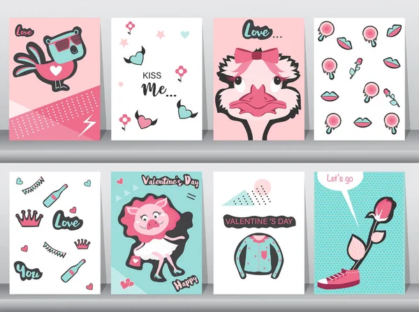 Conjunto Cartão Dia Dos Namorados Design Padrão Retro Amor Animal — Vetor de Stock