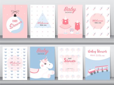 Ayarla baby shower davetiye, doğum günü, poster, şablon, tebrik, sevimli, vektör çizimler 