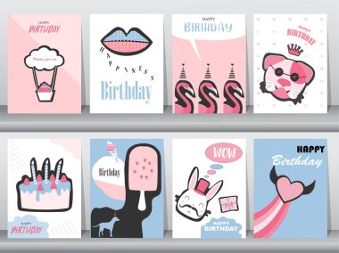 Doğum günü kartları retro desen tasarım, afiş, davetiye, şablon, tebrik kartları, hayvanlar, sevimli, vektör çizimler kümesi