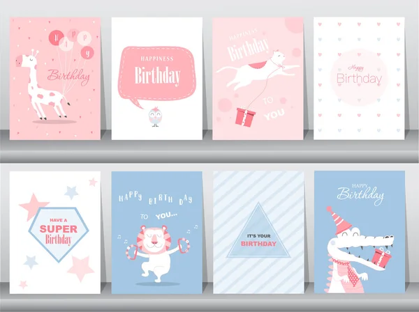 Set van verjaardagskaarten, poster, uitnodigingskaarten, sjabloon, wenskaarten, dieren, cute, vectorillustraties — Stockvector