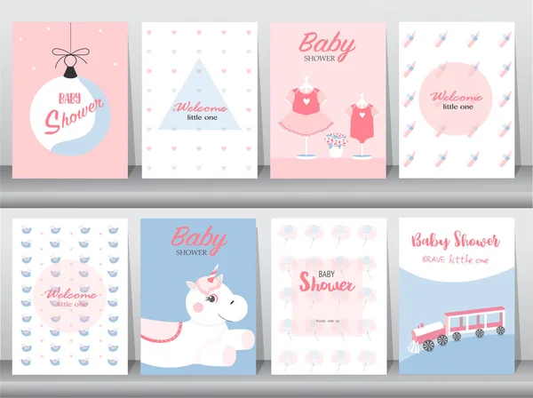 Conjunto de cartões de convite para chá de bebê, aniversário, cartaz, modelo, saudação, fofa, Ilustrações vetoriais —  Vetores de Stock