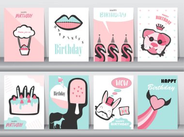 Doğum günü kartları, afiş, davetiye, tebrik kartları, tipografi, eski okul, hayvanlar, sevimli, vektör çizimler şablonu kümesi