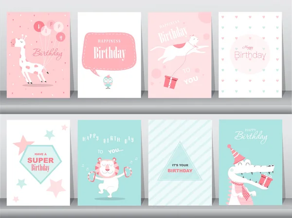 Ensemble de cartes d'anniversaire, poster, cartes d'invitation, modèle, cartes de vœux, animaux, mignon, illustrations vectorielles — Image vectorielle