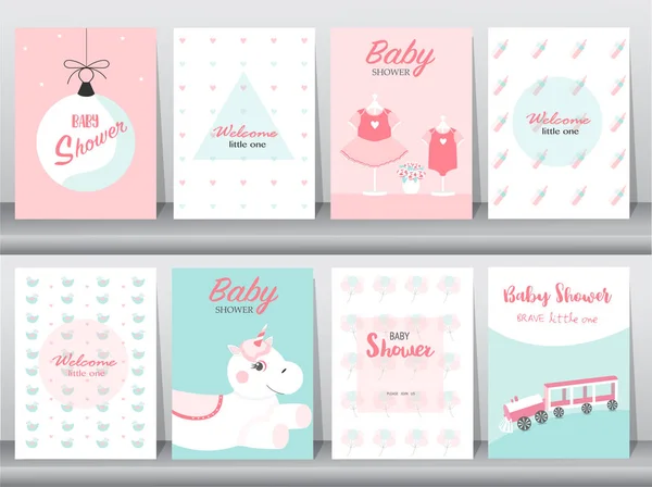 Set van baby shower uitnodigingskaarten, verjaardag, poster, Vector sjabloon, groeten, schattig, illustraties — Stockvector