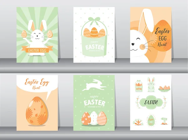 Uppsättning av påsk gratulationskort, mall, kaniner, ägg, söt, vektor illustrationer — Stock vektor