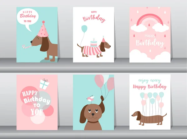 Ensemble de cartes d'anniversaire, poster, invitation, modèle, cartes de vœux, animaux, chien, chiot, mignon, illustrations vectorielles — Image vectorielle