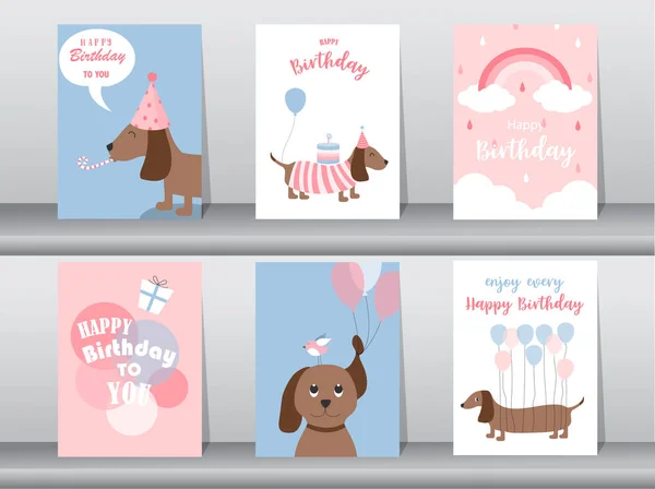 Ensemble de cartes d'anniversaire, poster, invitation, modèle, cartes de vœux, animaux, chien, chiot, mignon, illustrations vectorielles — Image vectorielle