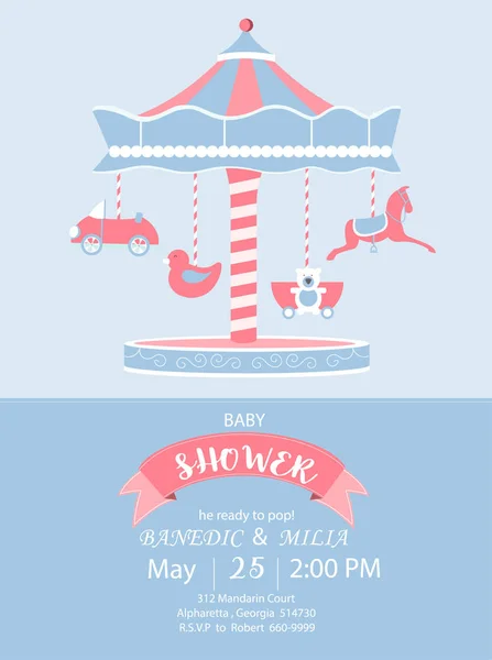 婴儿淋浴邀请卡，生日贺卡，海报，模板，贺卡，可爱，玩具，动物，矢量插图 — 图库矢量图片