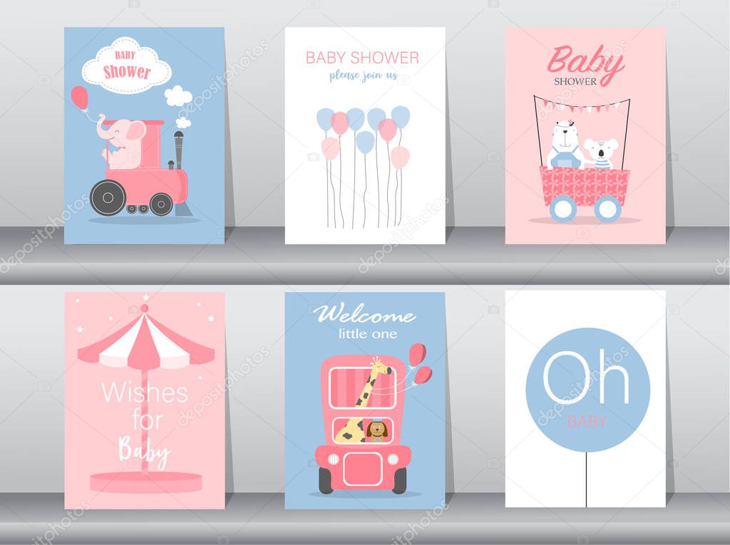 Set of baby shower invitation cards,birthday cards,poster,template,greeting cards,cute,bear,train,car,animal,Vector illustrations