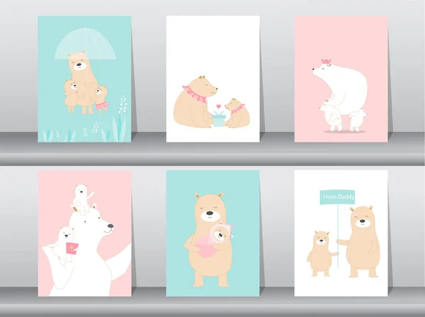 Készlet aranyos állatok plakát, sablon, kártya, állat, medve, család, vektor illusztrációk — Stock Vector