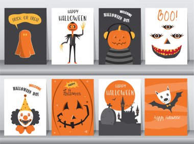 Cadılar Bayramı Posterleri davetiye kartları seti, poster, şablon, tebrik kartları, sevimli, hayvan, Vektör çizimler