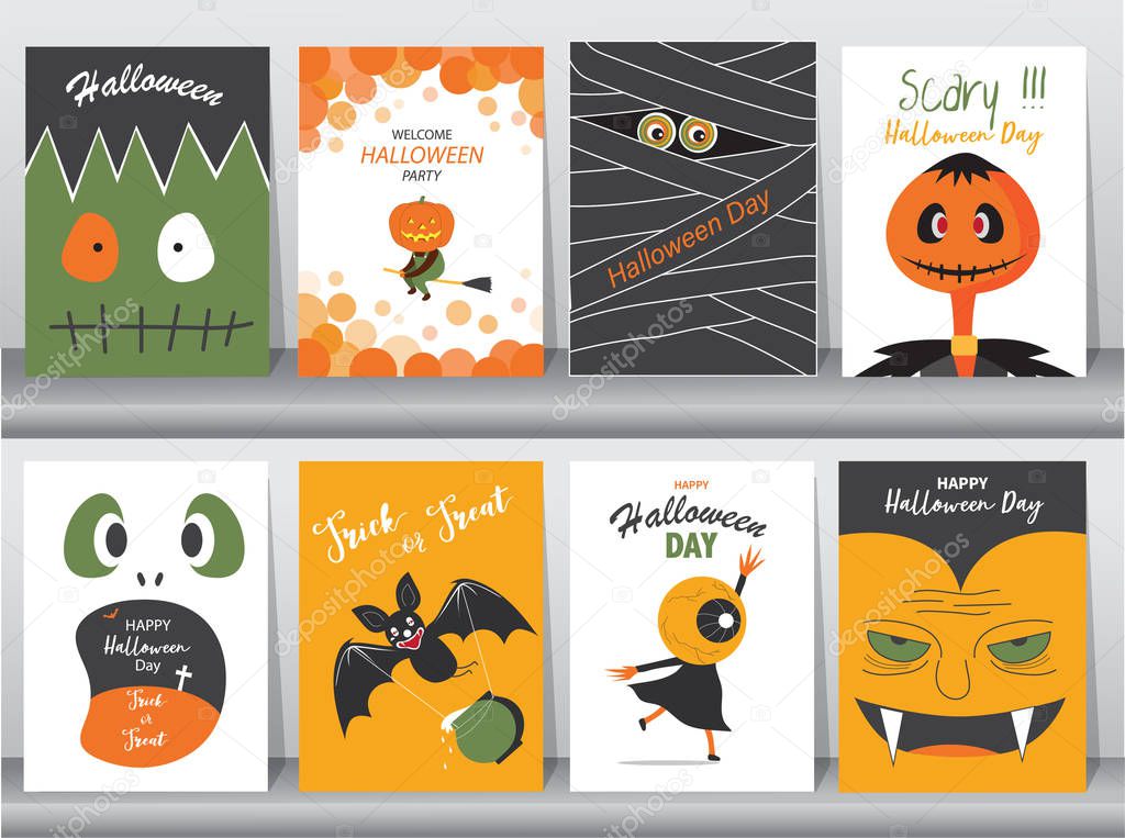 Set of Halloween Posters invitation cards,poster,template,greeting cards,cute,animal,Vector illustrations
