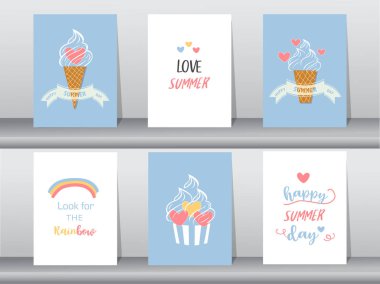 Dondurma davetiyesi koleksiyonu, Mutlu Ulusal Dondurma Günü, poster, selamlama, şablon, koni, kepçe, Vektör çizimleri