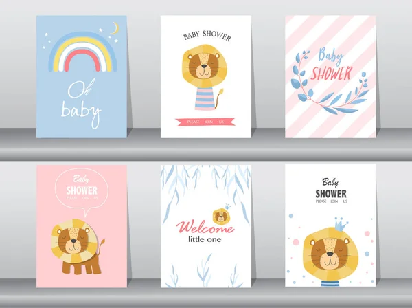 Set Biglietti Inviti Baby Shower Poster Auguri Modelli Animali Illustrazioni — Vettoriale Stock