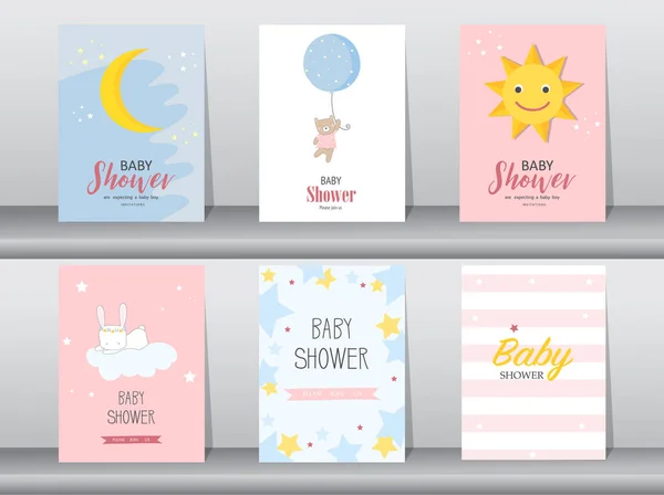 Set Biglietti Inviti Baby Shower Poster Auguri Modelli Animali Illustrazioni — Vettoriale Stock