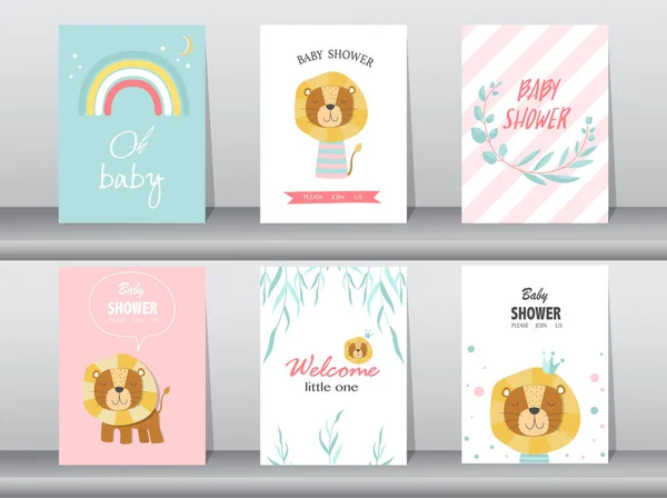 Set Van Baby Douche Uitnodigingen Kaarten Poster Begroeting Template Dier — Stockvector