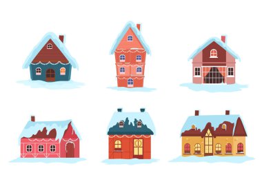 Kış evleri koleksiyonu. Yeni yıl ve Noel için izole edilmiş binalar..