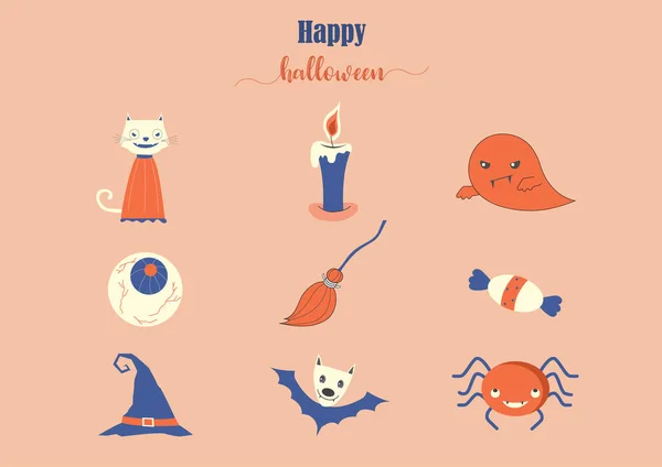 Készlet Karakterek Halloween Rajzfilm Stílus Elemek Aranyos Szellem Vector Illusztráció — Stock Vector