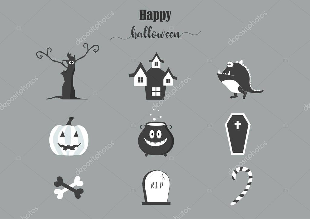 Set of characters  for Halloween in cartoon style, elements, cute, ghost, pumpkin,Vector illustration.
