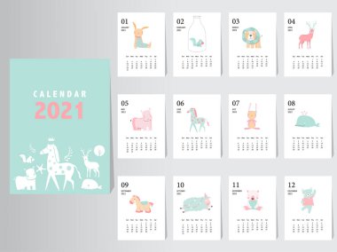 Aylık 12 set, Sevimli Hayvan Takvimi 2021 tasarım, çocuklar, havalı, Vektör çizimleri