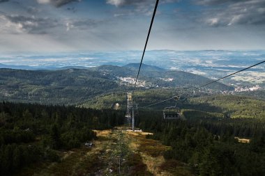 Dağlarda teleferik üstten görünüm.