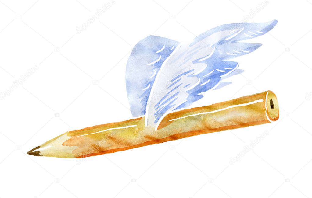 Pencil with wings. Watercolor isolated from the background
