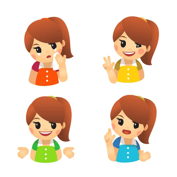 Emoji with girlish emotions. Sadness, cheerfulness, victory, disapproval — Stock Vector