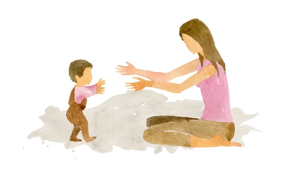 Akwarela ilustracja. Dziecko sprawia, że pierwsze autentyczne kroki w kierunku jego matka — Zdjęcie stockowe