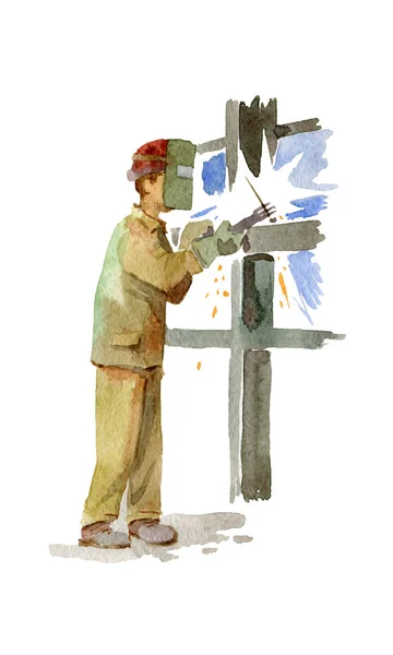 Металоконструкції. Зварювальник на роботі. Ескіз акварелі в стилі 80-х років . — стокове фото