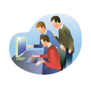 Üç çalışan monitördeki çalışmaları tartışıyor