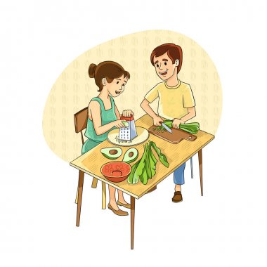 Vektör Illustration. Masada çift avokado ile bir salata yapar