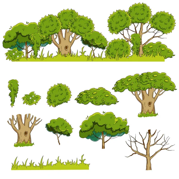 Sommar samling av träd och buskar och gräs — Stock vektor